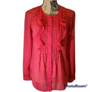 Loft fuchsia pink star print sheer pleated ruffled front button blouse s…